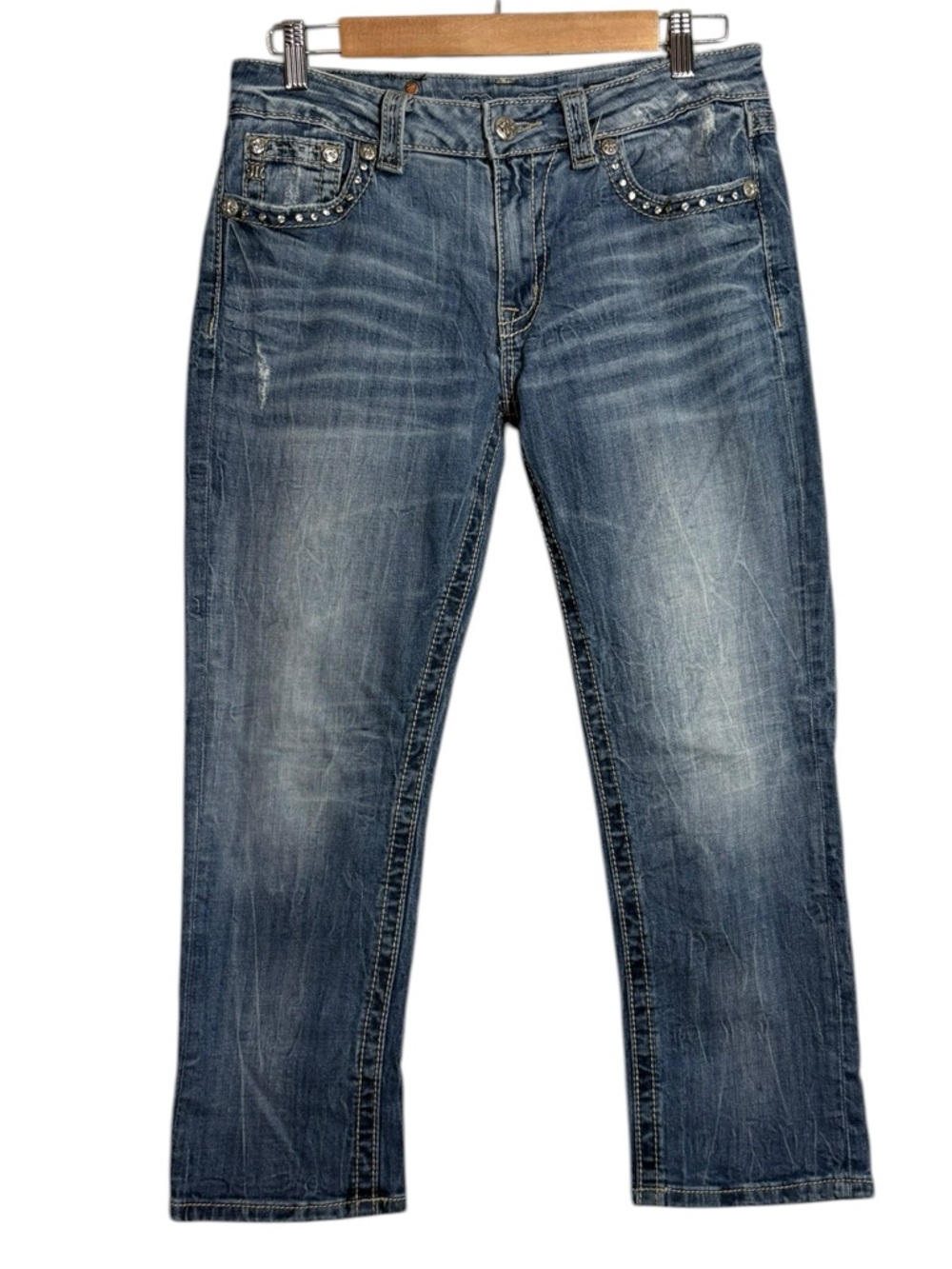Miss Me Men's Washed Blue Straight Jeans with Studded Pockets